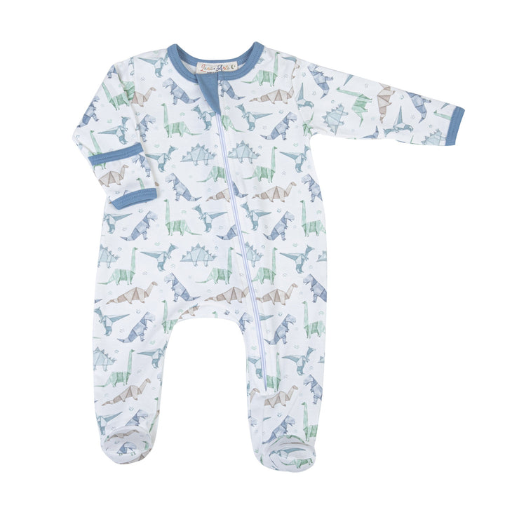 Origami Dinos Print Zip Footie - Blue