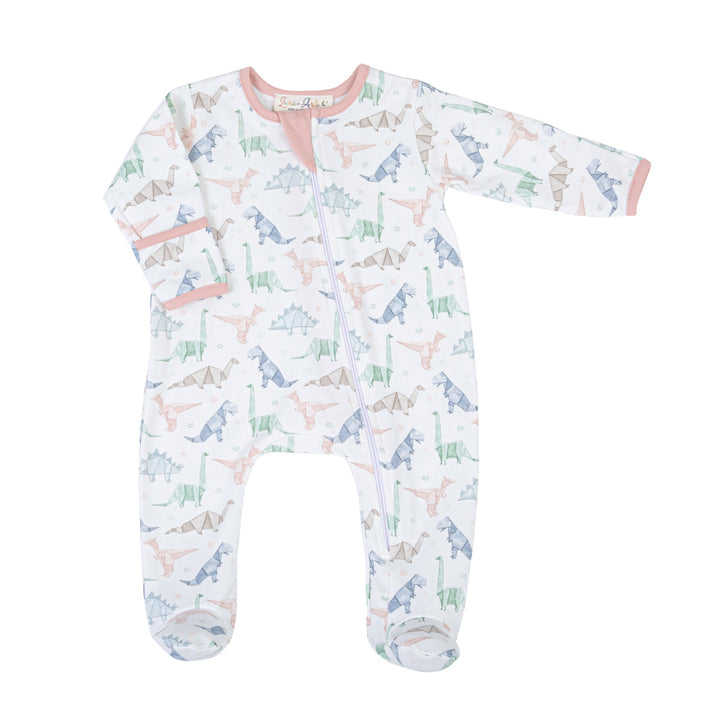 Origami Dinos Print Zip Footie - Pink