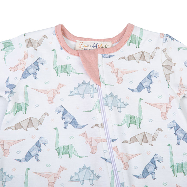 Origami Dinos Print Zip Footie - Pink